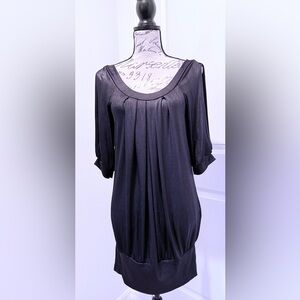 Vintage Lush Elegant Cold Shoulder Pleated Shiny Black Mini Dress w/Banded Hem